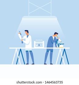 Medical Research Laboratory and Drugs Creation Process. Cartoon Scientists, Pharmacists, Apothecaries Working with Microscope, Liquids in Test Tubes and Flasks at Lab. Vector Flat Illustration