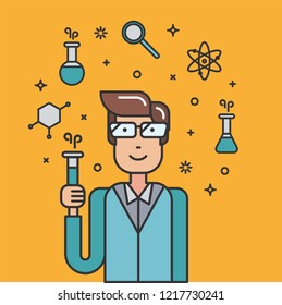 Medical research. Laboratory. Man scientist. Outline vector illustration. Concept for web page, banner, presentation, social media, documents, cards, posters.