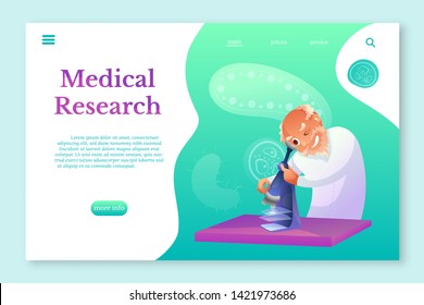 Medical research landing pagelayout. Senior scientist looking in microscope character. Biologist, medic discovering microorganisms flat illustration. Lab testing. Bacterium samples.