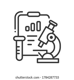 Medical research - line design single isolated icon on white background. High quality black pictogram, emblem. Image of a clipboard, microscope, test tube. Laboratory, analysis