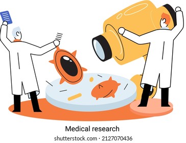 Medical research metaphor. Laboratory diagnostic services, Scientists work equipment and microscope. Virologists chemistry clinic laboratories, microbiology pharmaceutical research. Vaccine discovery