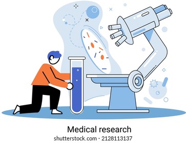 Medical research metaphor. Laboratory diagnostic services, Scientists work equipment and microscope. Virologists chemistry clinic laboratories, microbiology pharmaceutical research. Vaccine discovery