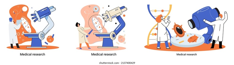 Medical research metaphor. Laboratory diagnostic services, Scientists work equipment and microscope. Virologists chemistry clinic laboratories, microbiology pharmaceutical research. Vaccine discovery