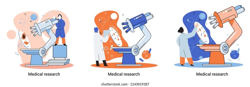 Medical research metaphor. Laboratory diagnostic services, Scientists work equipment and microscope. Virologists chemistry clinic laboratories, microbiology pharmaceutical research. Vaccine discovery