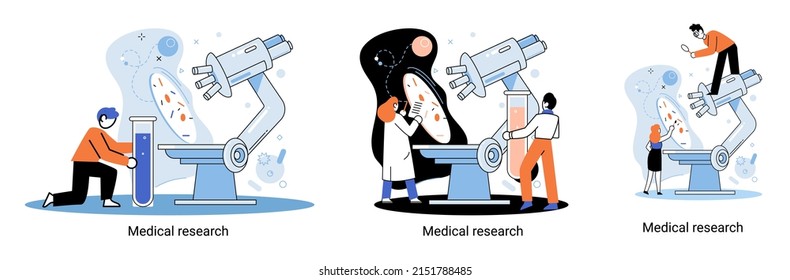 Medical research metaphor. Laboratory diagnostic services, Scientists work equipment and microscope. Virologists chemistry clinic laboratories, microbiology pharmaceutical research. Vaccine discovery