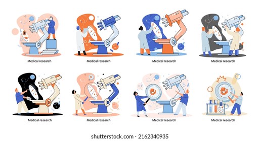 Medical research metaphor. Laboratory diagnostic services, Scientists work equipment and microscope. Virologists chemistry clinic laboratories, microbiology pharmaceutical research. Vaccine discovery