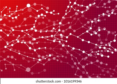 Medical Research, Molecules of Dots and lines on Red Background. Vector Technological illustration.
