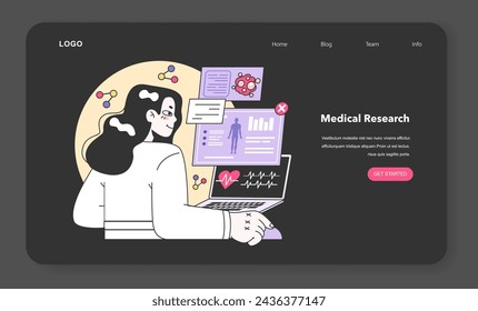 Medical research night or dark mode web banner or landing page. Biotechnology, medicine and pharmacology development. Innovative technologies, clinical trials and tests. Flat vector illustration
