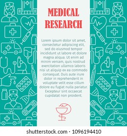Medical research pattern with flat line icons of doctor ambulance medical equipment clinic symbols for design website print media vector illustration. Medical concept frame with place for text
