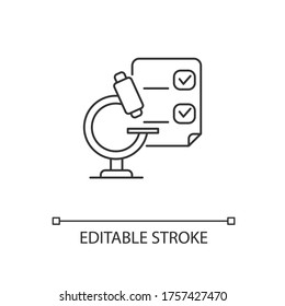 Medical research pixel perfect linear icon. Laboratory analysis. Microscope to study microbiology. Thin line customizable illustration. Contour symbol. Vector isolated outline drawing. Editable stroke