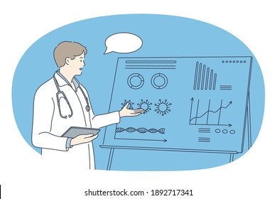 Medical research and presentation concept. Young positive man doctor or intern cartoon character in white uniform standing and making medical scientific presentation on board for audience 