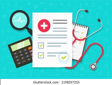 Medical research report or contract vector, flat cartoon health or medical record paper or insurance document on work desk top view, concept of medicine check list, approved good test analyze