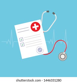 Medical research report or contract vector, flat cartoon health or medical record paper or insurance document on work desk top view, concept of medicine check list, approved good test analyze