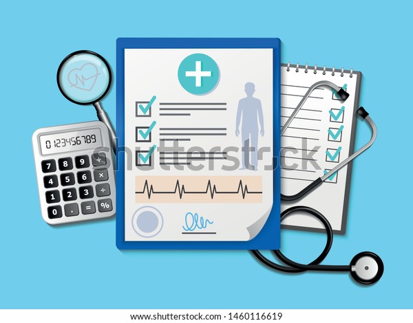Medical research report or\
contract vector, flat cartoon health or medical paper record or\
insurance document on the desktop from above, medicine concept\
checklist,.
