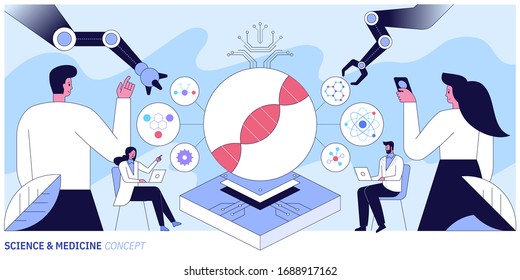 Medical research in science laboratory. Scientific, machine learning. Biochemical science laboratory staff performing various experiments. Vector illustration for medical lab service advertisement.