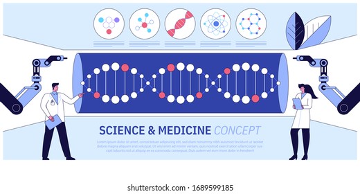 Medical research in science laboratory. Scientific, machine learning. Biochemical science laboratory staff performing various experiments. Vector illustration for medical lab service advertisement.