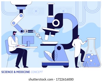 Medical research in science laboratory. Scientific, machine learning. Biochemical science laboratory staff performing various experiments. Vector illustration for medical lab service advertisement.