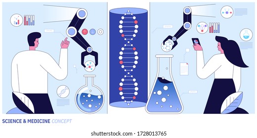 Medical research in science laboratory. Scientific, machine learning. Biochemical science laboratory staff performing various experiments. Vector illustration for medical lab service advertisement.