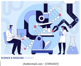 Medical research in science laboratory. Scientific, machine learning. Biochemical science laboratory staff performing various experiments. Vector illustration for medical lab service advertisement.