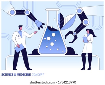 Medical research in science laboratory. Scientific, machine learning. Biochemical science laboratory staff performing various experiments. Vector illustration for medical lab service advertisement.