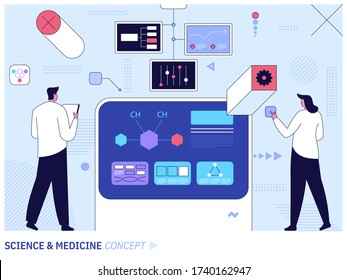 Medical Research In Science Laboratory. Scientific, Machine Learning. Biochemical Science Laboratory Staff Performing Various Experiments. Vector Illustration For Medical Lab Service Advertisement.
