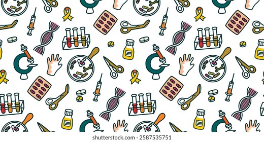 Medical research seamless pattern with microscope,test tubes, DNA molecule, clamps, gloves, medicines, tablets, syringe. Partly painted doodle elements set. Vector design for textile,wallpaper,cover.