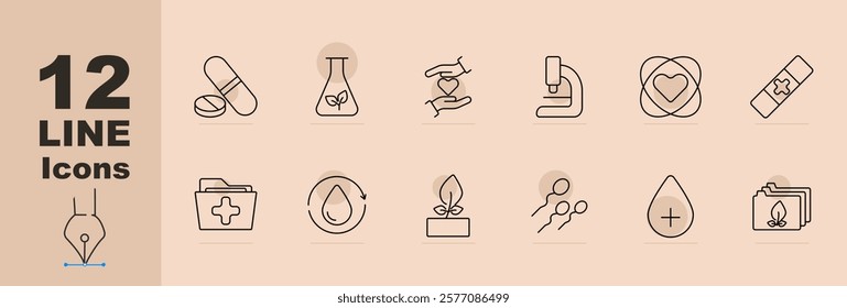 Medical research set icon Capsule, flask, helping hands, microscope, heart care, bandage, health folder, drop, plant, cells, biology folder. Medical, science, innovation