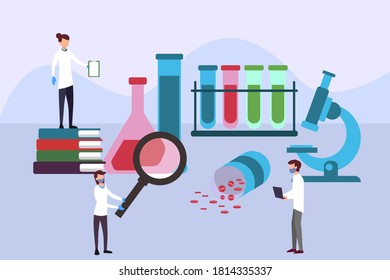 Medical research vector concept: Scientist team doing research together with beaker background while wearing face mask