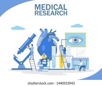 Medical research vector flat style design illustration. Medical check up concept with tiny doctors, big human heart and eye for web banner, website page etc.