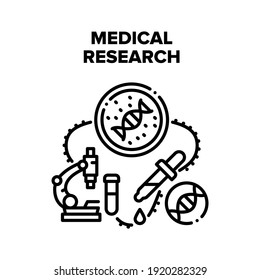 Medizinische Forschung Vektorsymbol Konzept. Medizinische Forschung Molekulare Laboranalyse und Untersuchung Blut oder DNA. Mikroskop-Laborgeräte für die Forschung. Schwarze Biotechnologie-Illustration