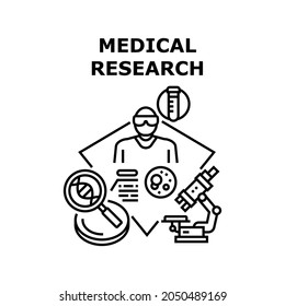 Concepto de icono del vector de investigación médica. Investigación Médica Sangre Con Equipo De Laboratorio Y Microscopio, Análisis De Investigación Científica Médica Y Líquido Químico En Laboratorio Clínico Ilustración Negra