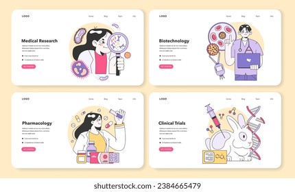 Medical research web banner or landing page set. Biotechnology, medicine and pharmacology development. Innovative technologies, clinical trials and tests. Flat vector illustration