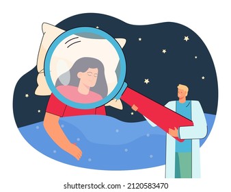 Medical Research Of Womans Sleep By Doctor. Tiny Man Holding Magnifying Glass To Study Flat Vector Illustration. Sleep Disorders, Somnology Concept For Banner, Website Design Or Landing Web Page