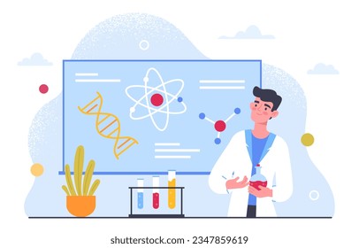 Medical researcher with flasks concept. Man in medical uniform near molecule structure. Physics and chemistry. Scientific research and experiments in laboratory. Cartoon flat vector illustration