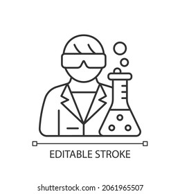 Medical researcher linear icon. Biomedical scientist. Develop methods for treating disease. Thin line customizable illustration. Contour symbol. Vector isolated outline drawing. Editable stroke - Shutterstock ID 2061965507