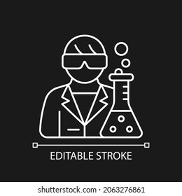 Medical researcher white linear icon for dark theme. Develop methods for treating disease. Thin line customizable illustration. Isolated vector contour symbol for night mode. Editable stroke