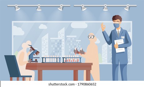 Medical researchers, developing vaccine against coronavirus vector flat illustration. Scientists, doctors in protective suits invent medication, making analysis. Laboratory tests for virus treatments.