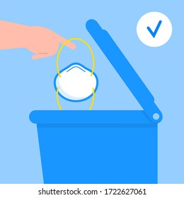 Medical respirator is put into bin. Human throws away, disposes of used surgical mask. Health care instruction vector illustration.