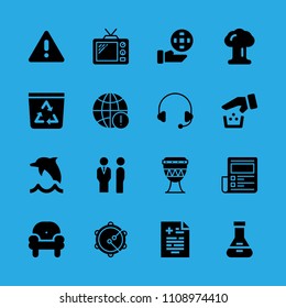 medical result, flask, recycle bin, drum, managers, warning, armchair, explosion and worldwide vector icon. Simple icons set