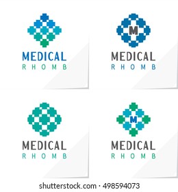 Medical Rhomb Modern Logo Based on Thick Cross Symbol and Authentic Lettering - Blue Green Grey and Turquoise Objects on White Natural Paper Effect Background - Flat Contrast Graphic Illustration
