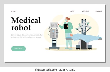Robot médico avanzada tecnología para diagnóstico y tratamiento concepto de banner web, ilustración vectorial plana. Equipo médico automatizado y robótico.