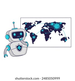 Asistente de robot médico analiza la propagación de la infección por virus en el mapa mundial. Concepto de medicina del futuro. Atención médica personalizada, diagnósticos habilitados por IA e innovaciones de telemedicina.