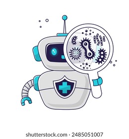 medical robot assistant examines bacteria viruses and microbes under a magnifying glass. Concept of medicine of the future. Personalized healthcare, AI-enabled diagnostics and telemedicine innovations