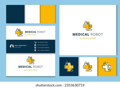 Medical robot logo design with editable slogan. Branding book and business card template.