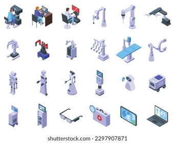 Die Symbole des medizinischen Roboters setzen isometrische Vektorgrafik. Chirurgie künstlich. Handmediziner