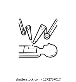 Medizinischer Roboter bei der Roboterchirurgie handgezeichnet Umriss-Doodle-Symbol. Roboterchirurgie, Medizinroboterkonzept. Vektorgrafik-Illustration für Druck, Web, Mobile und Infografiken auf weißem Hintergrund.