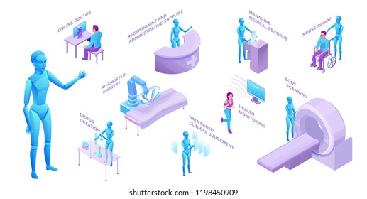 Medical robot set, isometric 3d vector illustration with ai technology in medicine, smart machine in healthcare, robotic sugery, nurse, online consultation, futuristic concept