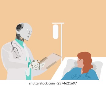 Medical robot treats a patient lying on a hospital bed.