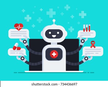 Medical Robot vector illustration. ChatBot out of screen monitor holds speech bubbles with medical icons. Medical bot answers questions of patients. Vector illustration in flat design style
