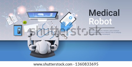 medical robot at workplace robotic doctor examining brain on computer monitor diagnostic healthcare artificial intelligence concept top angle view desktop copy space horizontal